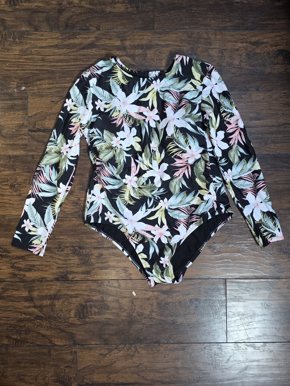Women’s Black Tropical Floral Long-Sleeve One-Piece Swimsuit – NWT